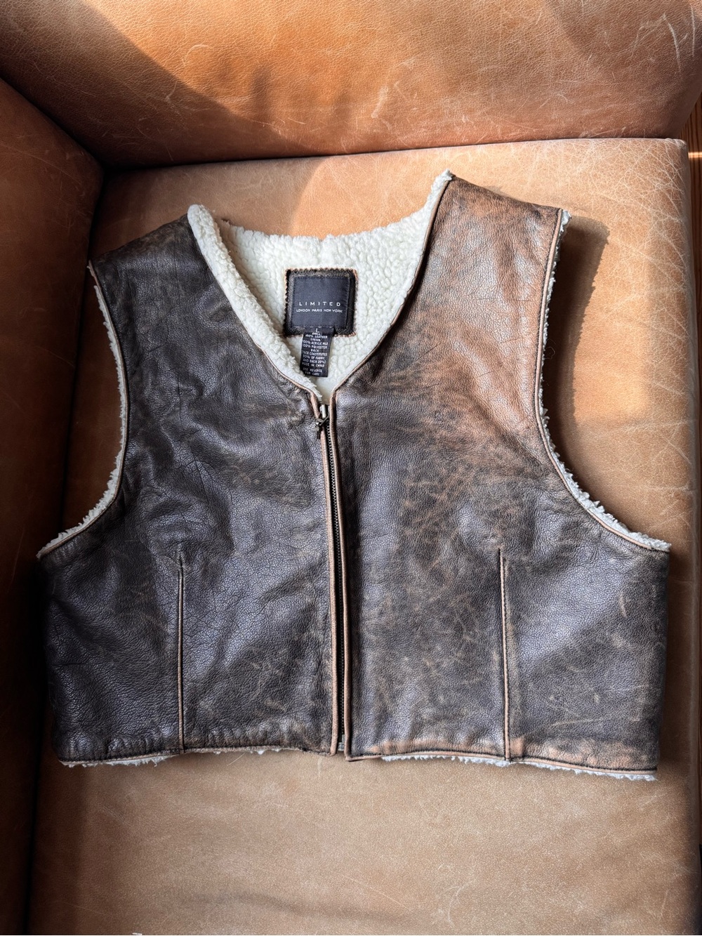 The Limited vintage Brown Genuine distressed Leather Vest w faux Sherpa Lining